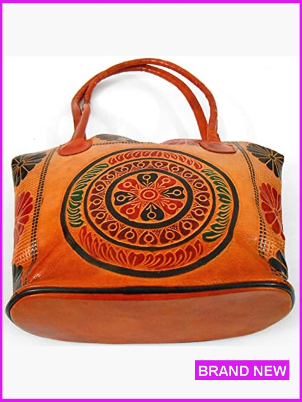 Hand Embossed Leather Shoulder Bag Vintage Ethnic Baguette Purse Zippered - Picture 3 of 7